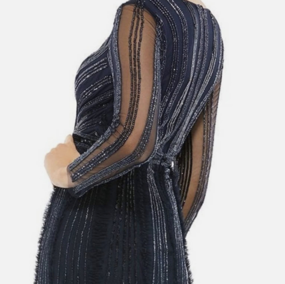 New Mac Duggal Midnight Navy Blue Sequin Beaded Stripe Tulle Gown #9145 size 10